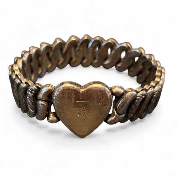 Jewelry - 1940s La Mode Precious Metal Gold Tone Sweetheart Expandable Bracelet WWII Era